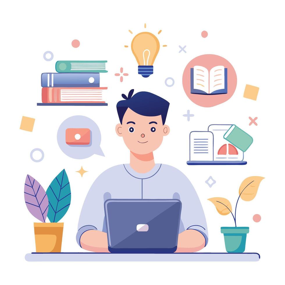 a man sitting at a desk with a laptop and books vector