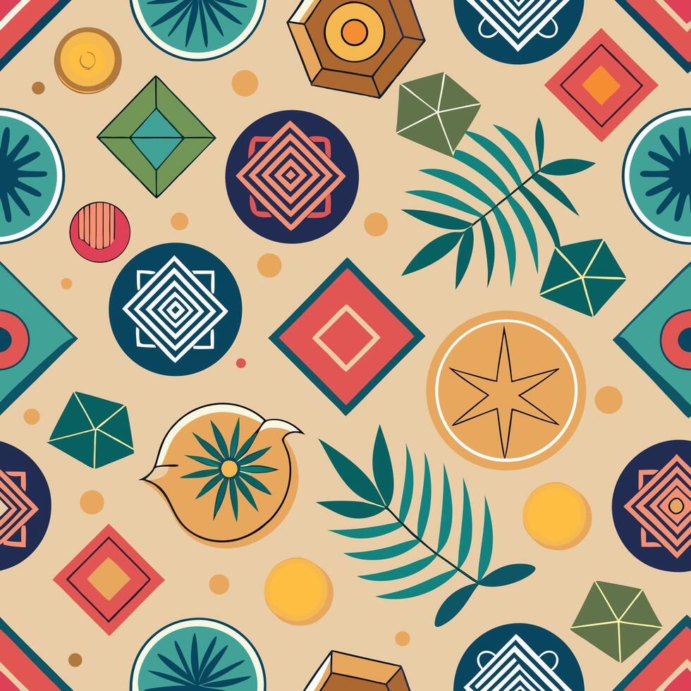 a colorful pattern with geometric shapes and leaves vector