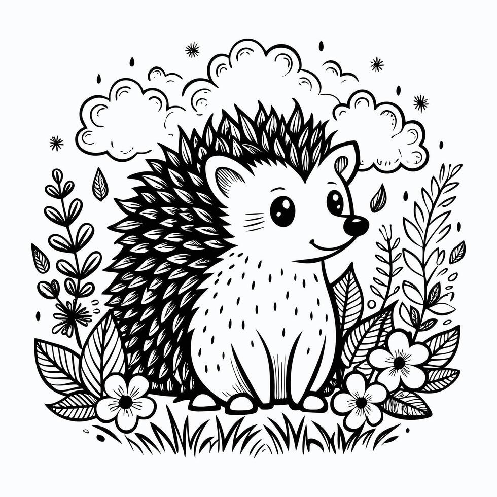 a hedgehog in the grass with flowers and clouds vector