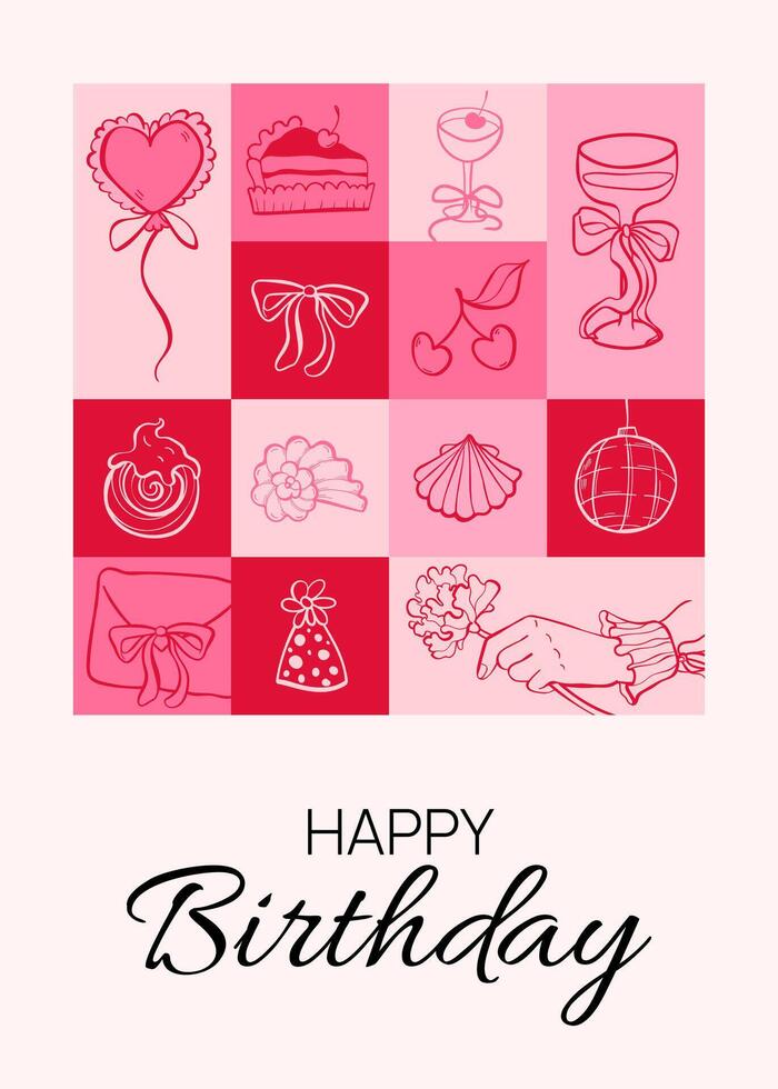 Happy Birthday greeting postcard with festive doodle icon. Cake, drink, and party sketch elements. Wedding, holiday, party decoration background. Coquette Aesthetic style. Elegant illustration. vector