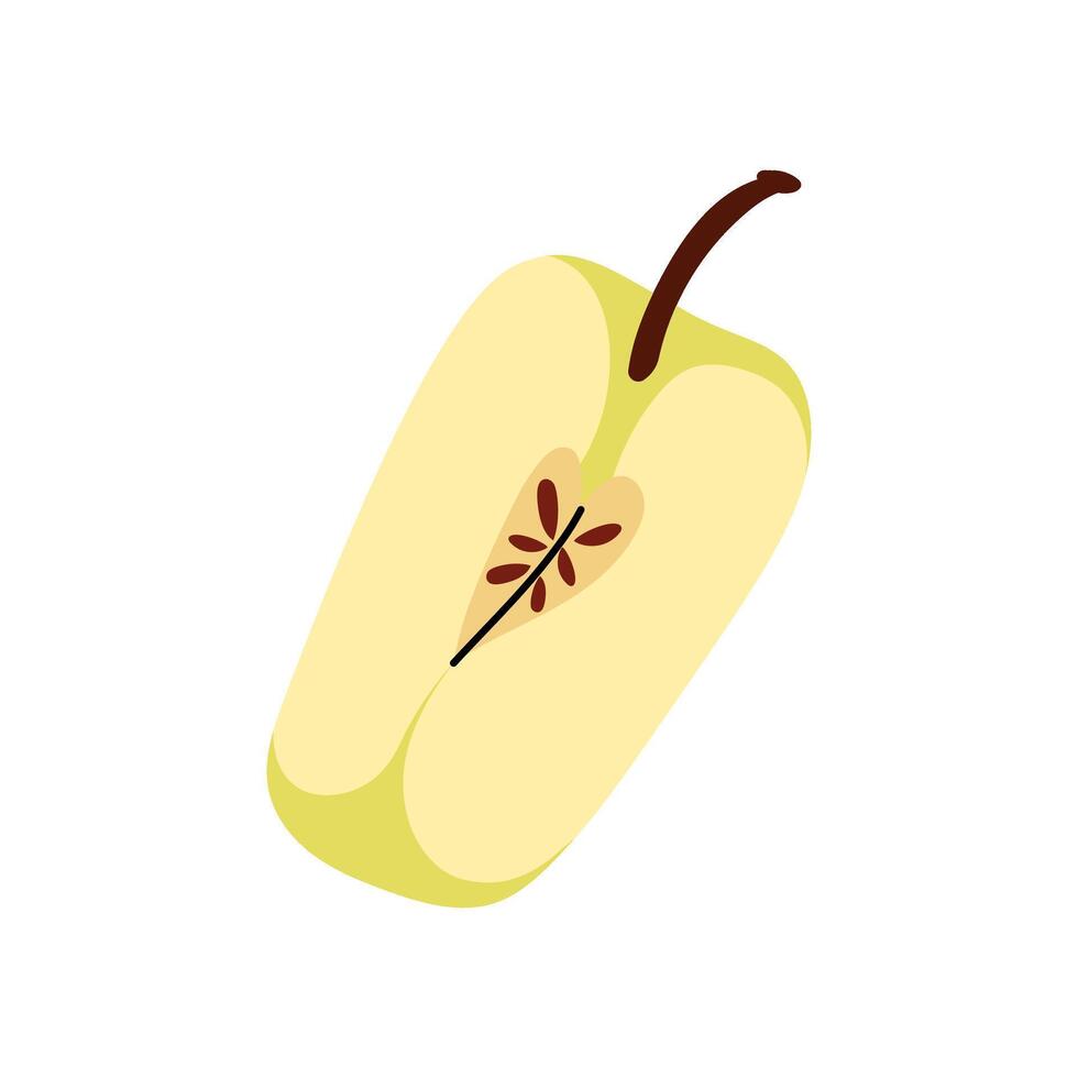 Quarter of sliced green apple isolated on white background. Small piece of fruit with core. Farm and agriculture, organic food. Flat illustration for packaging, branding, menu, recipe. vector