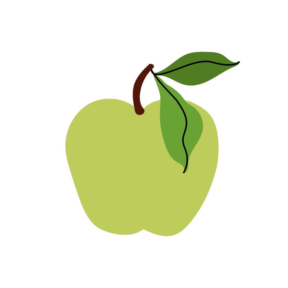 Simple green apple on white background. Hand drawn icon fruit with green lives. Farm and agriculture, organic food. Flat illustration for packaging, branding, menu, recipe. vector