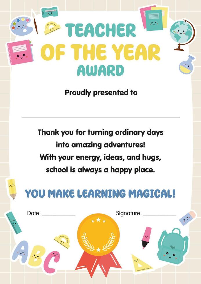 Teacher appreciation certificate for the best educator, pedagogue. Certificate of appreciation, awesomeness. Teacher gift. Perfect for school, preschool, end of the school, teacher appreciation. vector