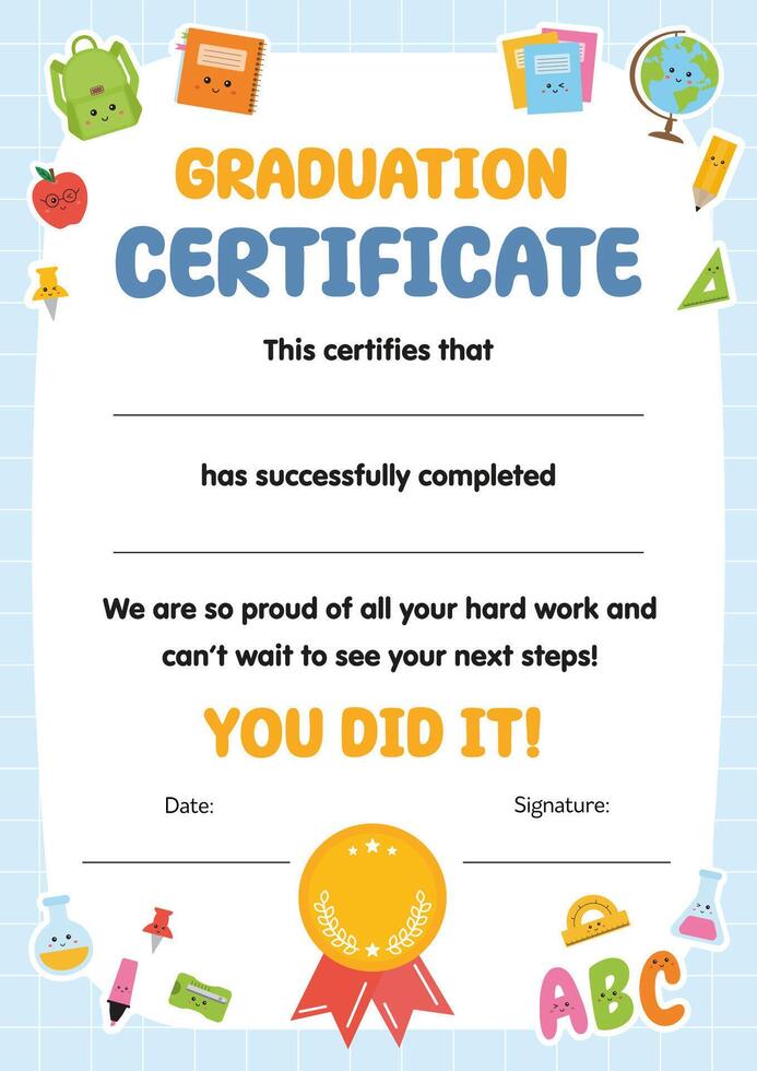 Graduation Certificate kids, Certificate of appreciation for children. Graduating elementary school, kindergarten, course, program. Kids diploma template, for school preschool kindergarten, studding. vector