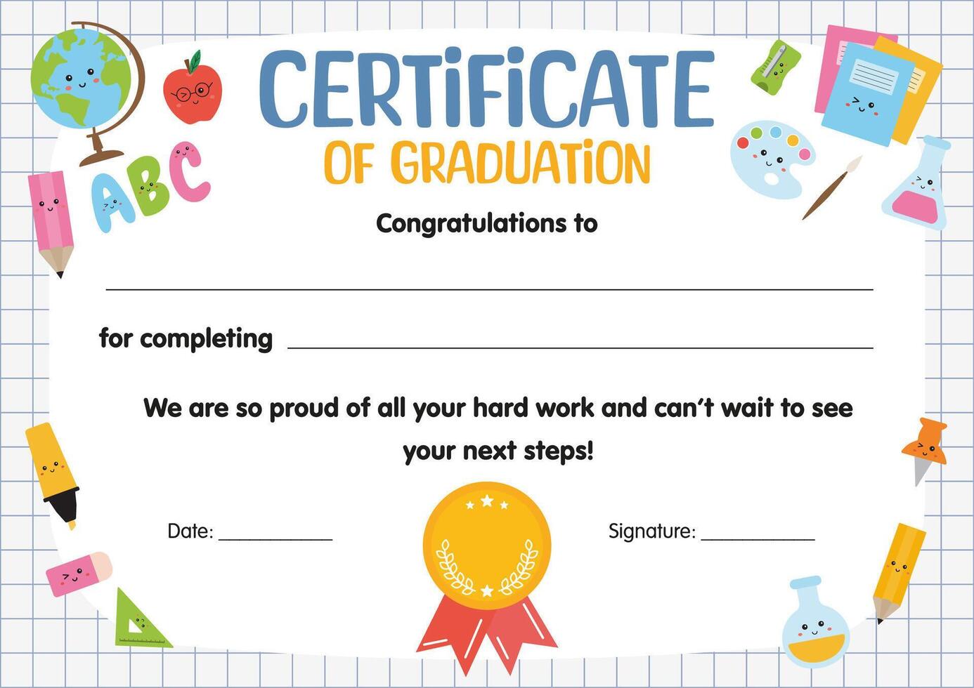 Graduation Certificate kids, Certificate of appreciation for children. Graduating elementary school, kindergarten, course. Kids diploma template, for school preschool kindergarten, summer camp. vector