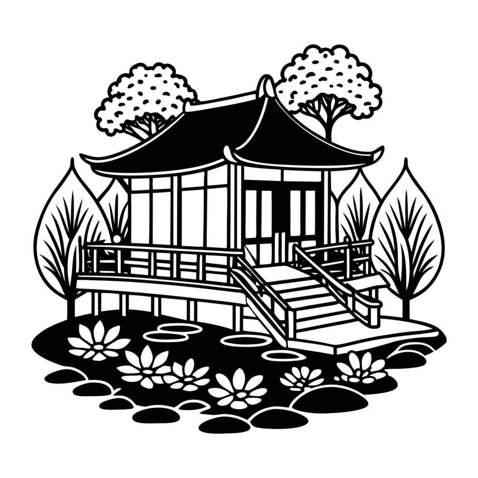an Asian style house with a garden and water lilies vector