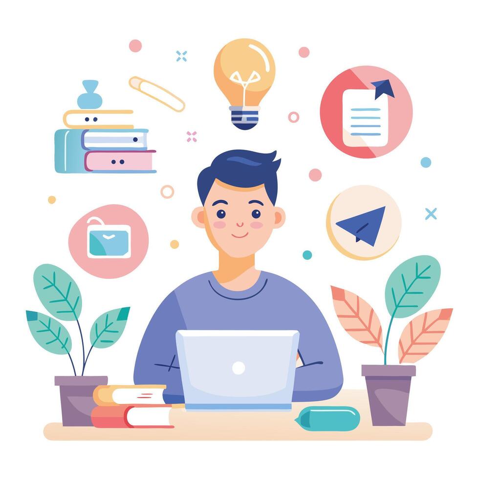 a man is sitting at a desk with a laptop and a light bulb vector