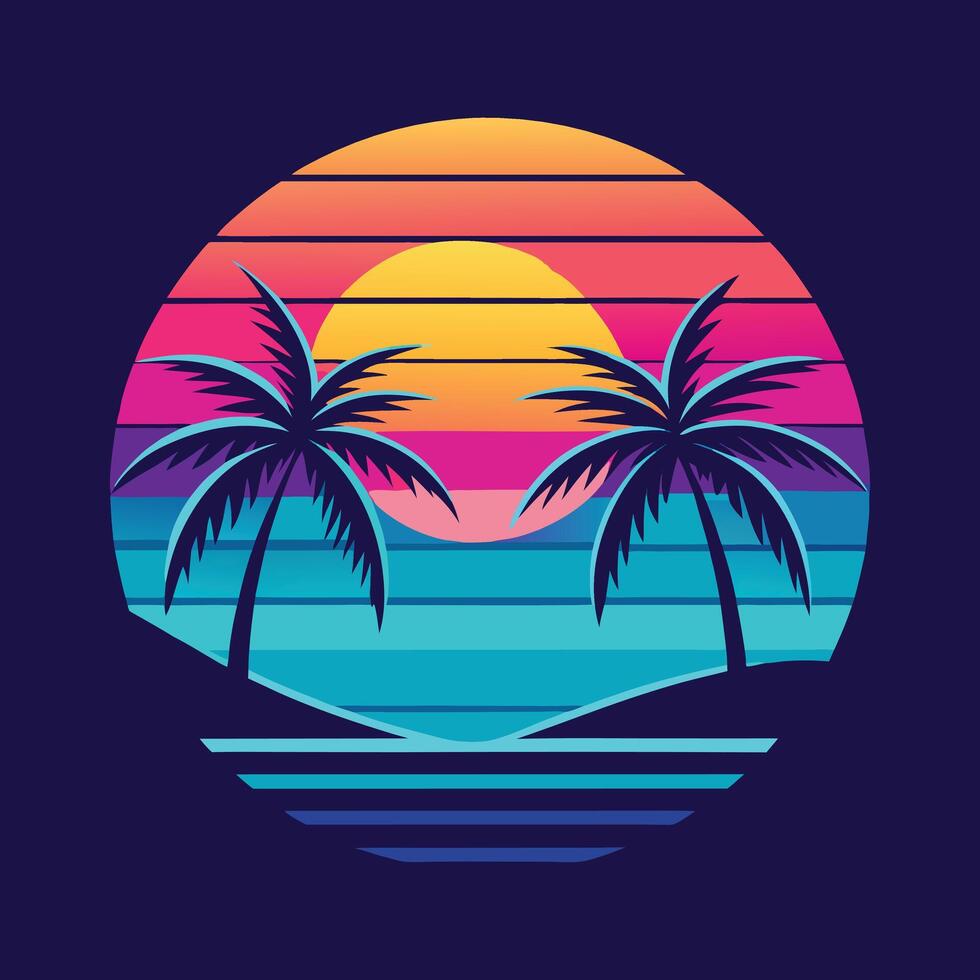 retro style palm trees and sunset on a blue background. vector