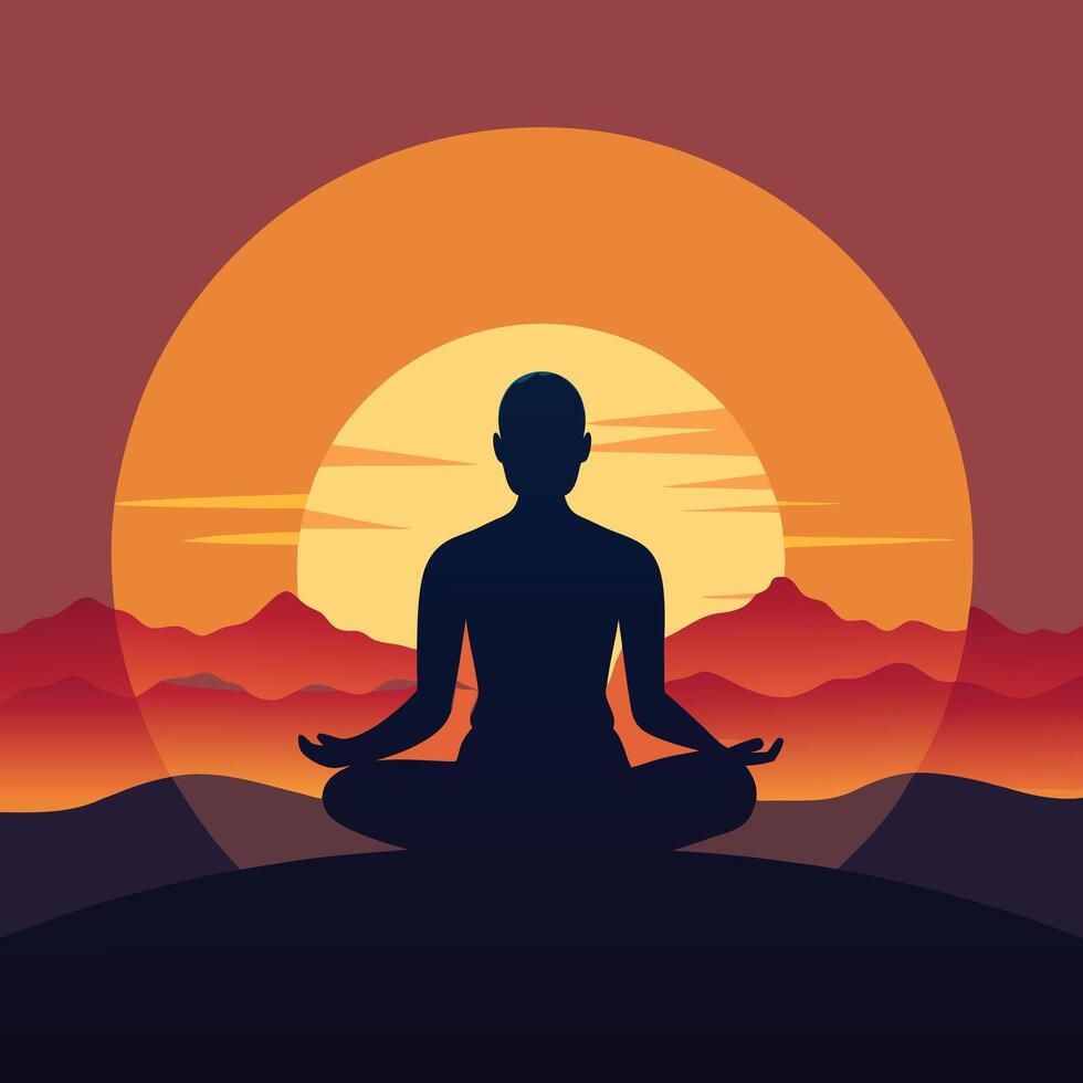 a silhouette of a man sitting in meditation in front of a sunset vector