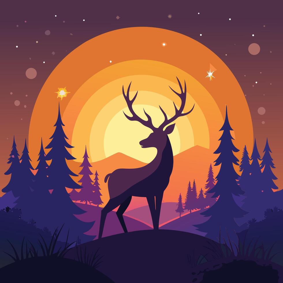 a deer stands in the forest at sunset vector