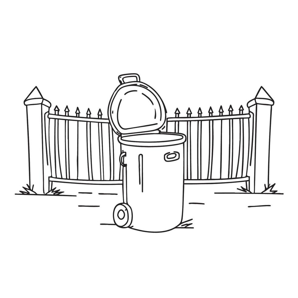 A trash bin in front of a fence gate with the lid missing vector
