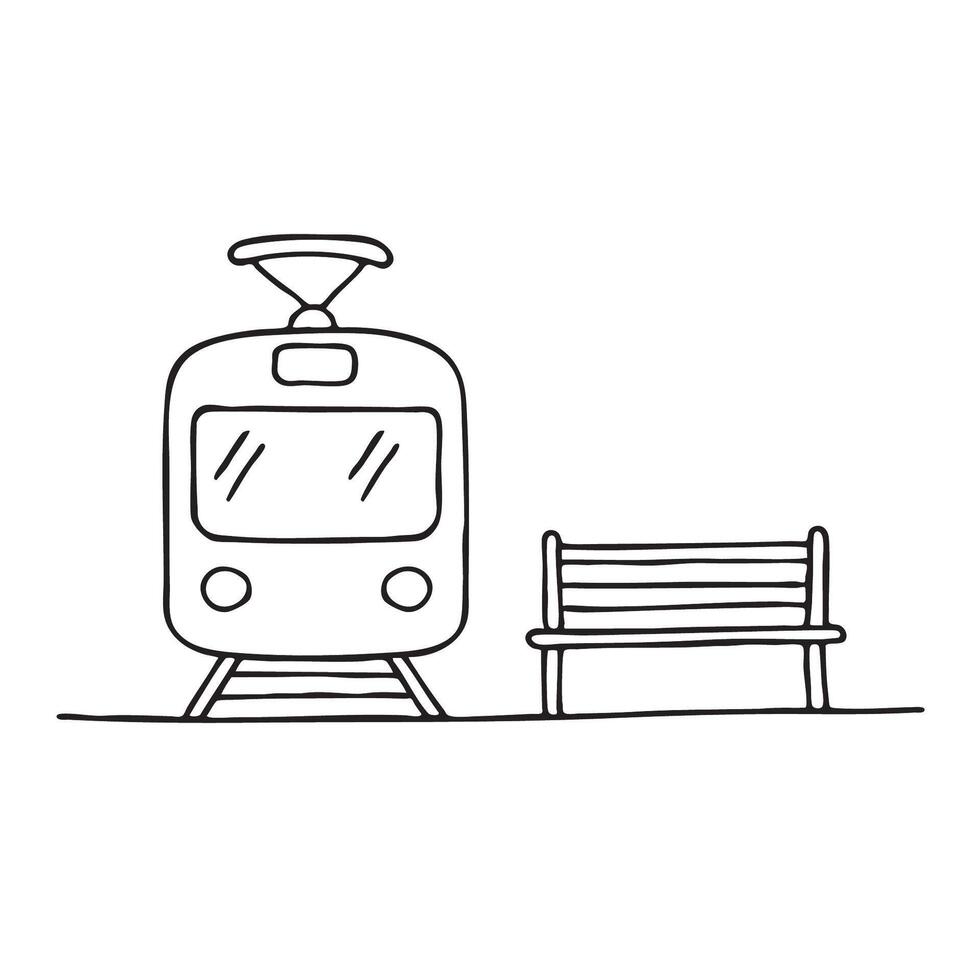 A tram with cable stopping beside a waiting bench vector