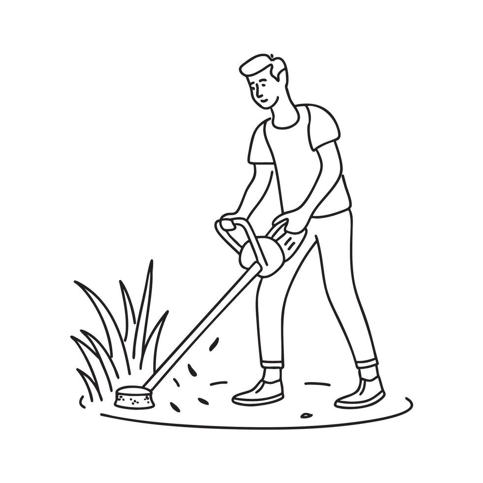 A man uses grass trimmer near tall grass with cut blades scattered on the ground vector