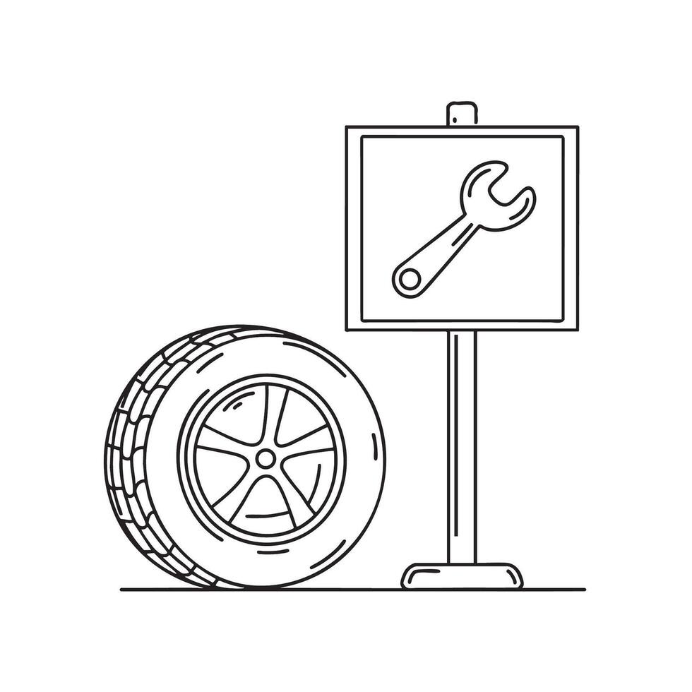 A tire near a signboard with wrench symbol in a repair shop vector