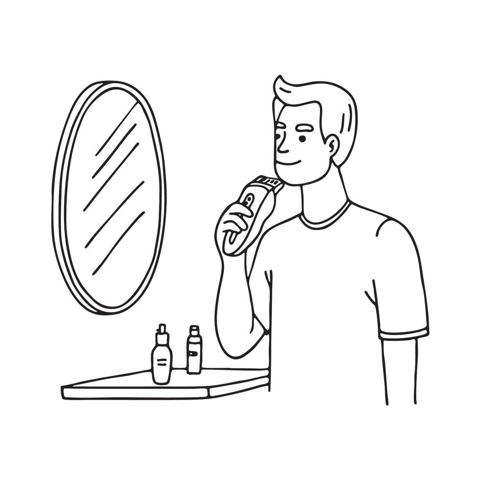 A man holding a beard trimmer close to a bathroom mirror vector