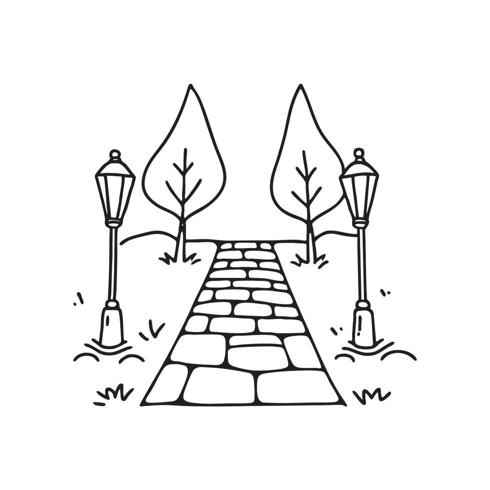 Torches lighting both sides of a cobblestone path in the forest vector