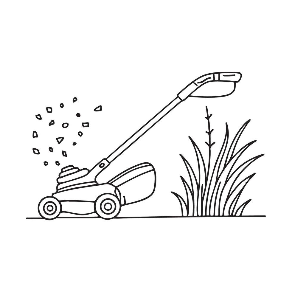 A grass trimmer near tall grass with grass pieces covering the blade vector