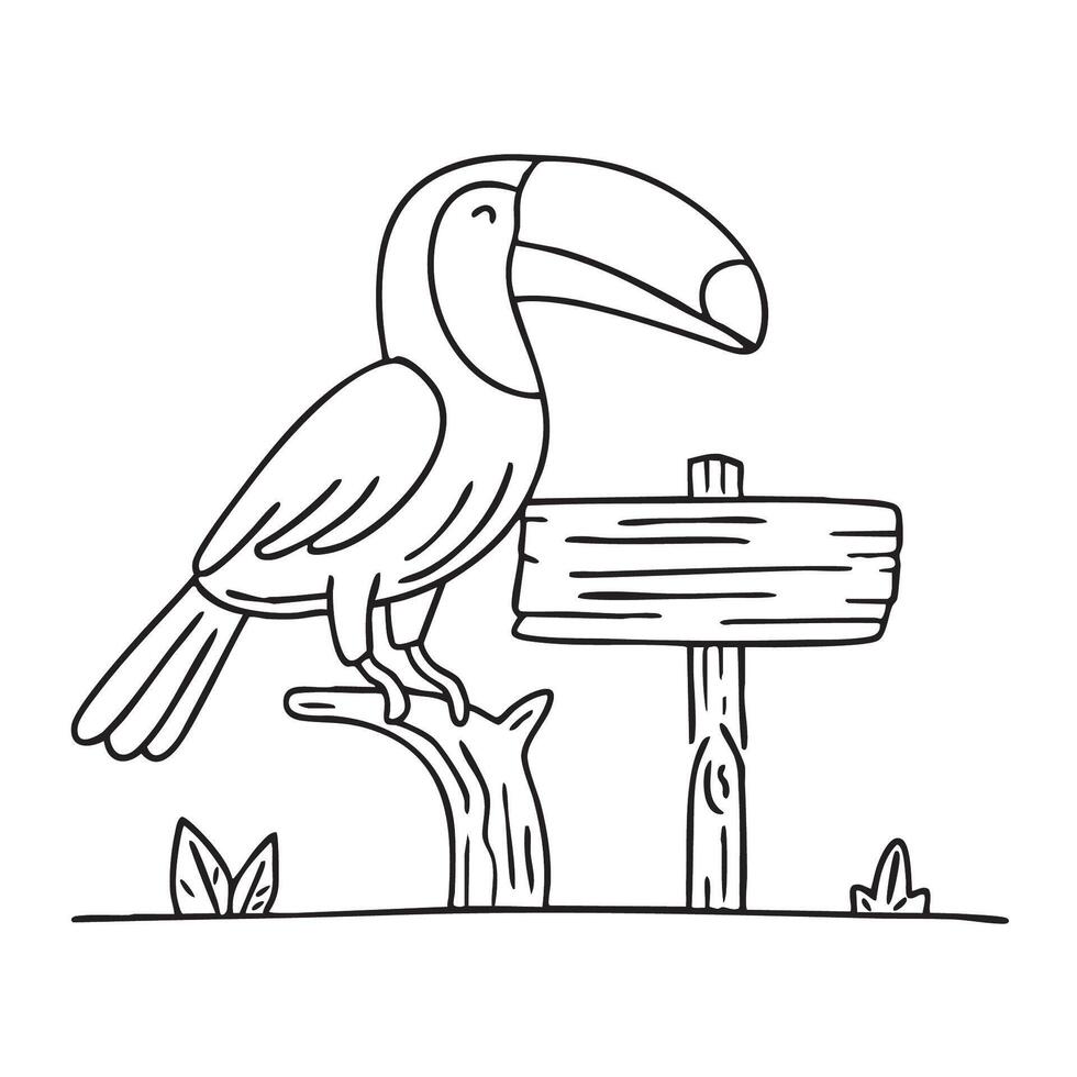 A toucan watching from a tree near a wooden sign vector
