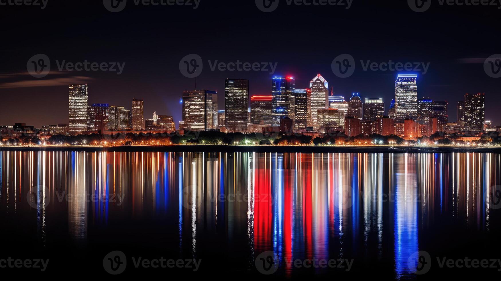skyscrapers red white and blue lights photo