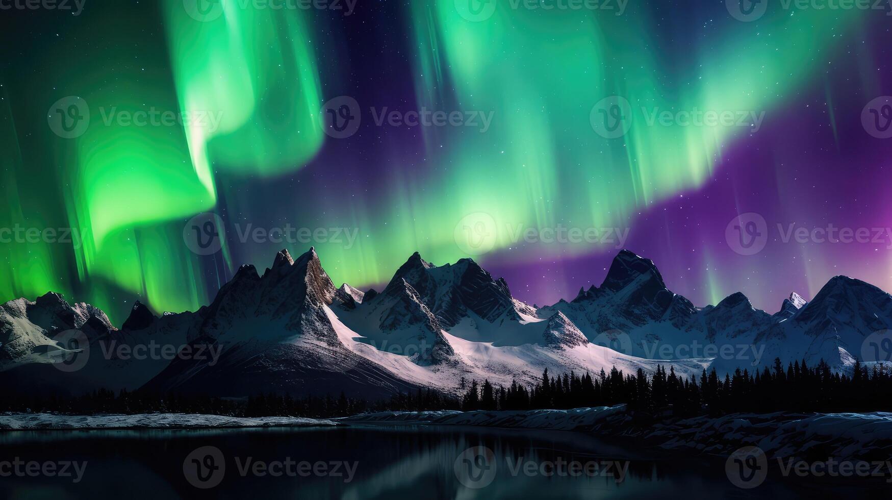 snow northern lights and mountain photo