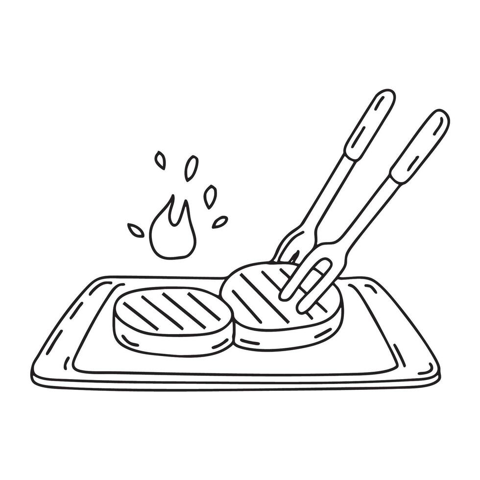 A pair of tongs beside grilled meat on a tray vector