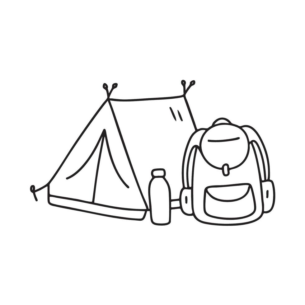 A tent beside a backpack and water bottle vector