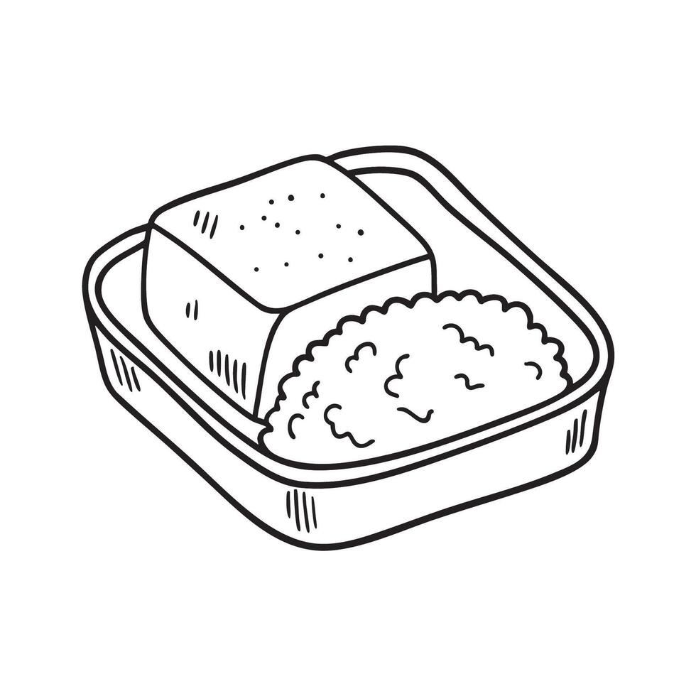 A tofu piece resting beside rice in a lunch box vector