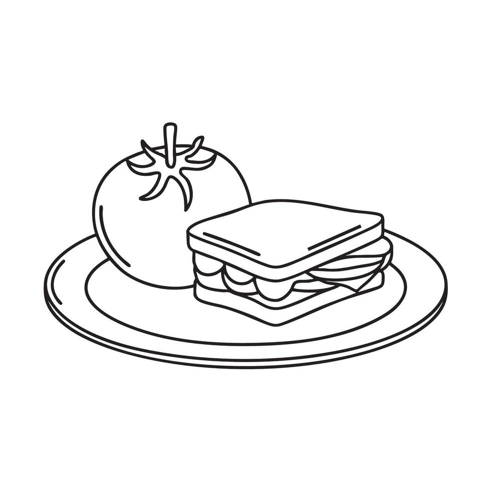 A tomato resting beside a sandwich on a plate vector