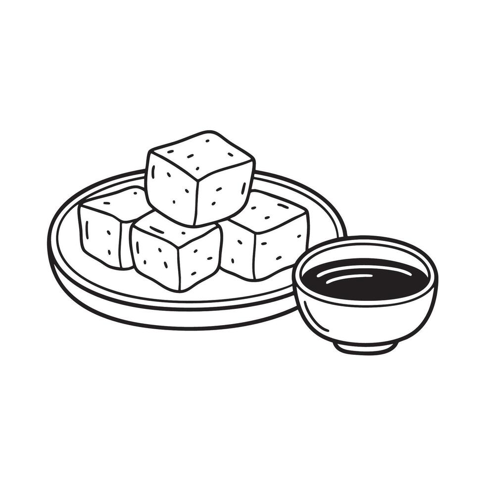 Tofu cubes beside soy sauce in a dipping bowl vector