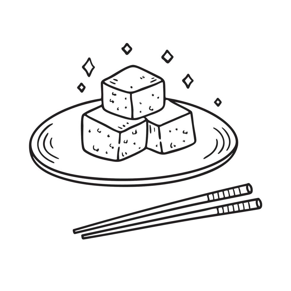 Tofu slices placed in plate near a pair of chopsticks vector