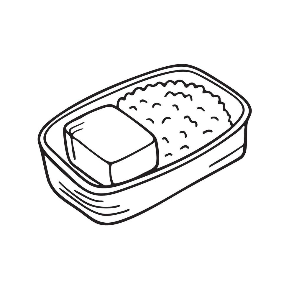 Tofu piece resting beside rice in a lunch box vector
