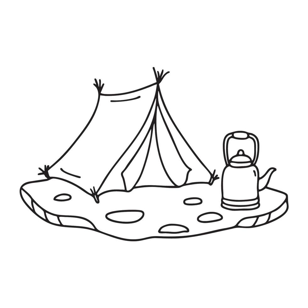A kettle on a stone surface beside a tent entrance vector