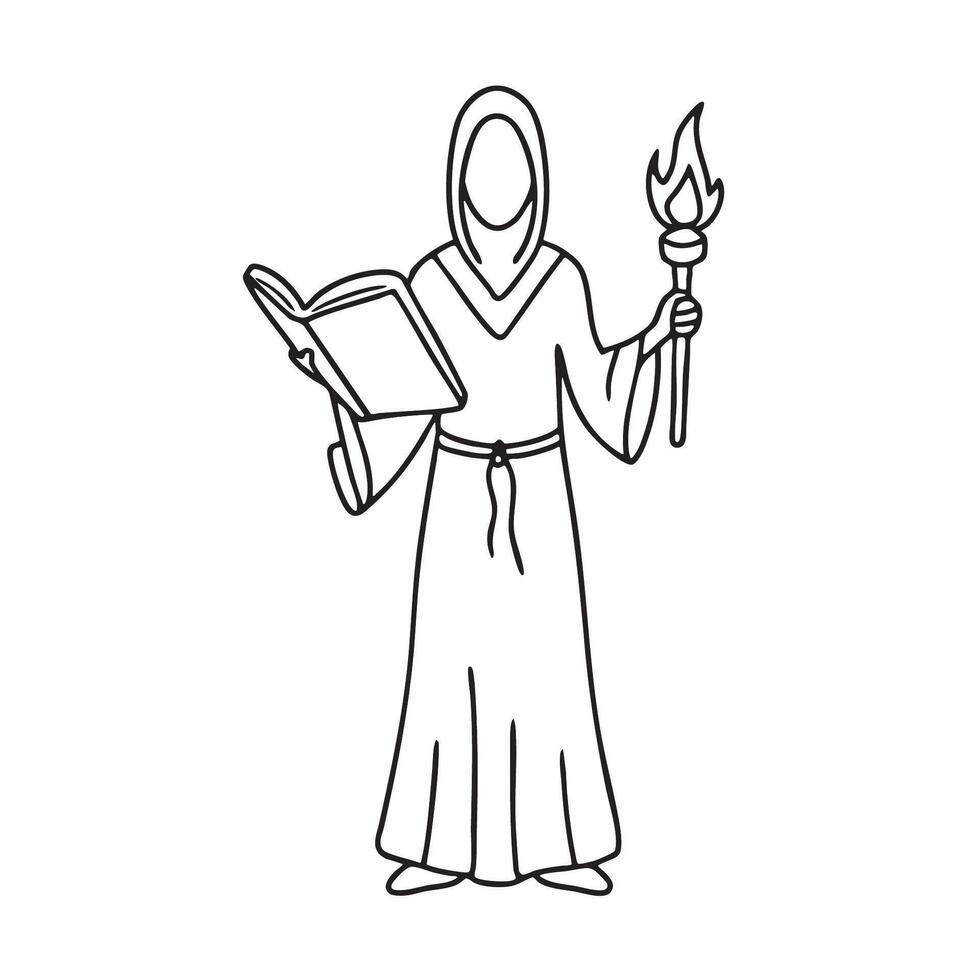 A cloaked figure lifting a torch while flipping through a thick book vector