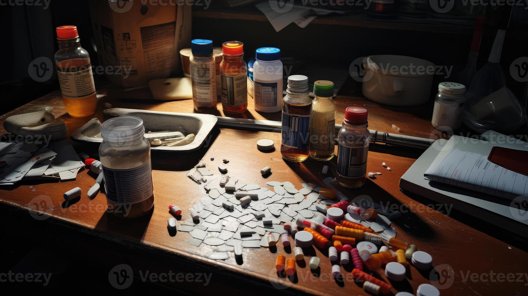 disarray pills on table photo