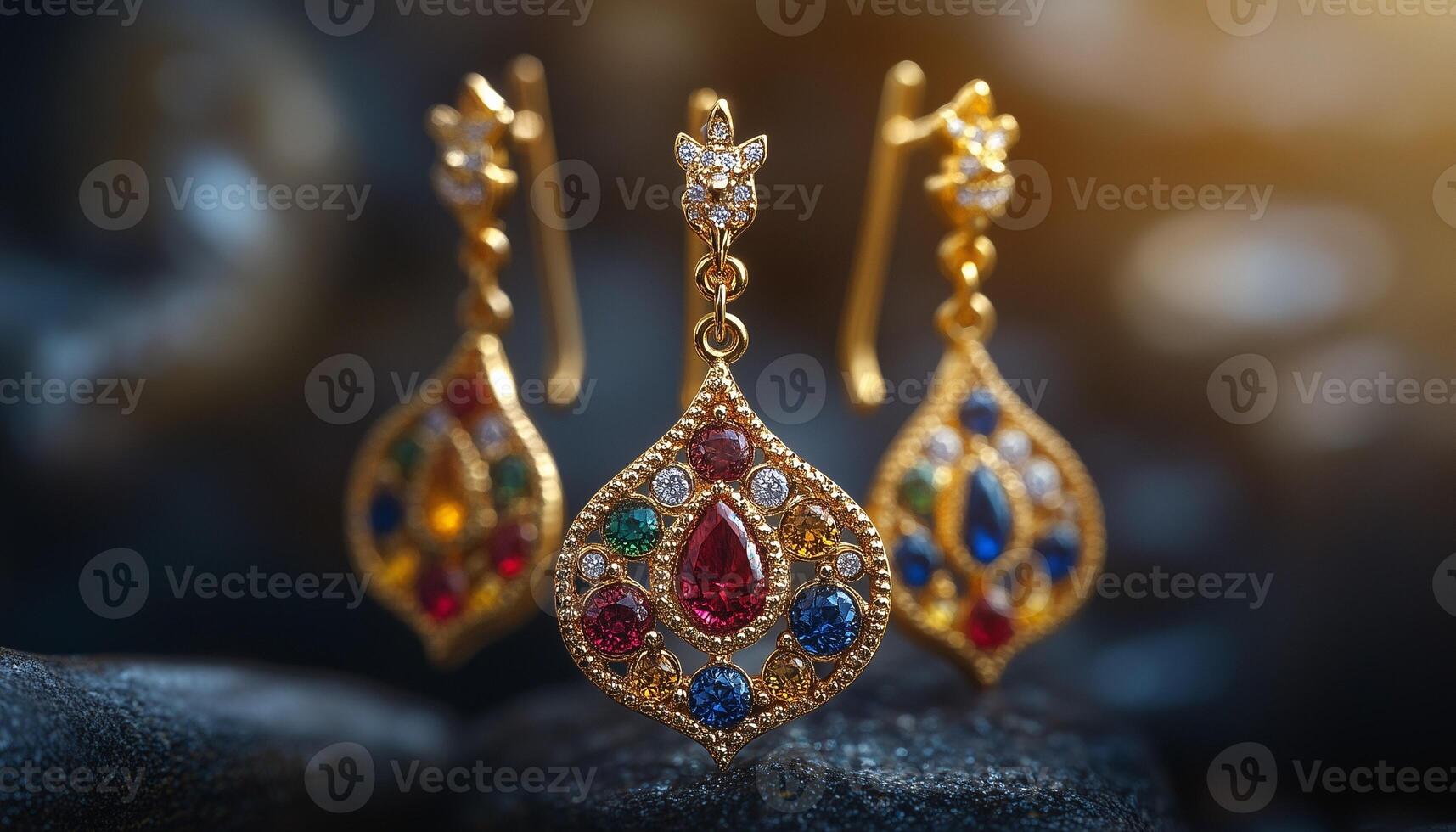 Golden earrings with multi colored stones photo