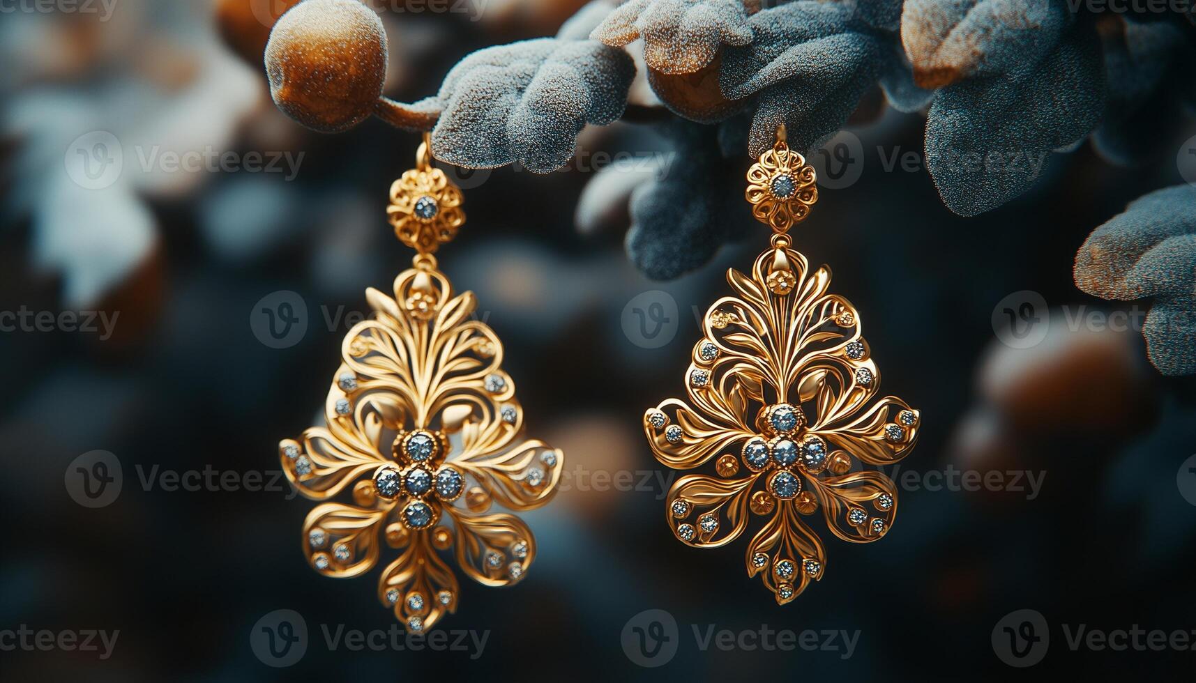 Gold earrings with blue stones on a branch photo
