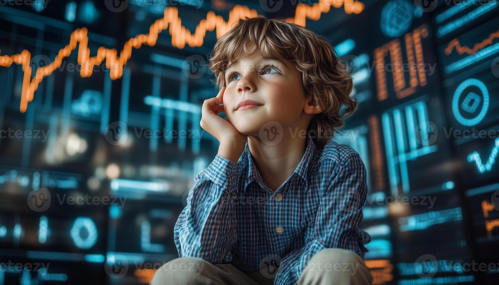 A young boy sitting in front of a screen with graphs and data photo