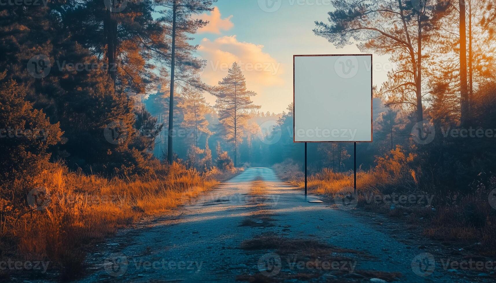 Blank billboard on a road in the middle of a forest photo