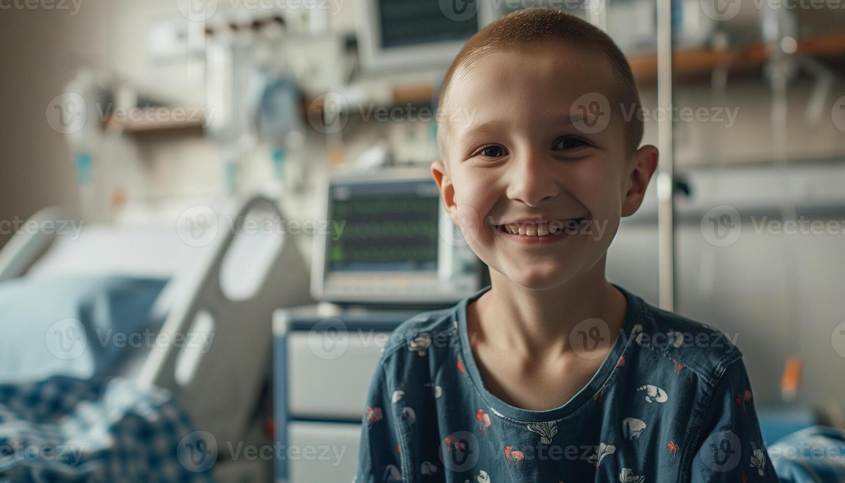 A boy smiles in a hospital room photo
