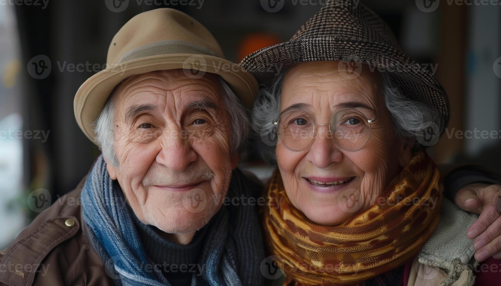 An older couple is smiling and posing for a photo