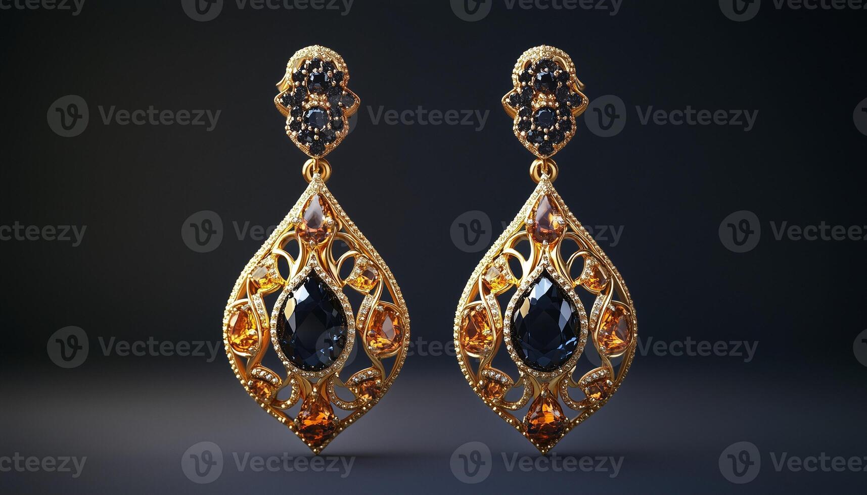 Golden earrings with black and yellow stones photo
