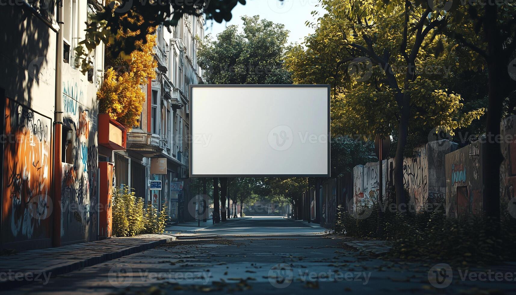 An empty street with a billboard in the middle photo
