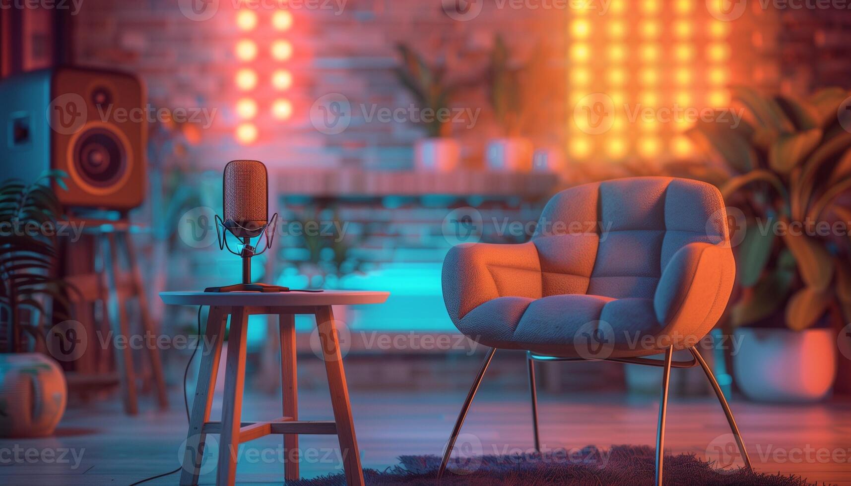 A chair and microphone in front of a wall with neon lights photo