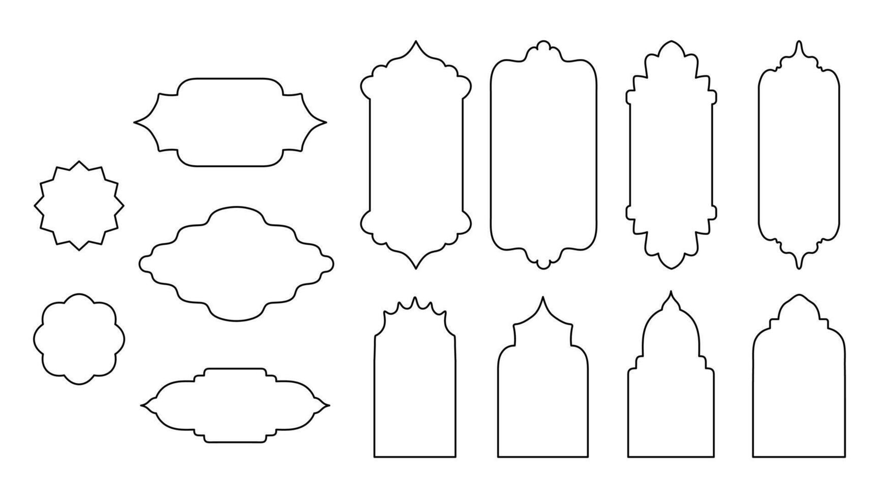 Islamic line shape, design element, outline element. Collection of oriental style arab windows, arches and emblems, set isolated on white background vector