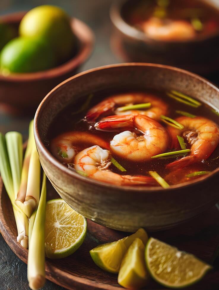 Close Up of Shrimp Soup in a Bowl with Limes and Lemongrass. photo