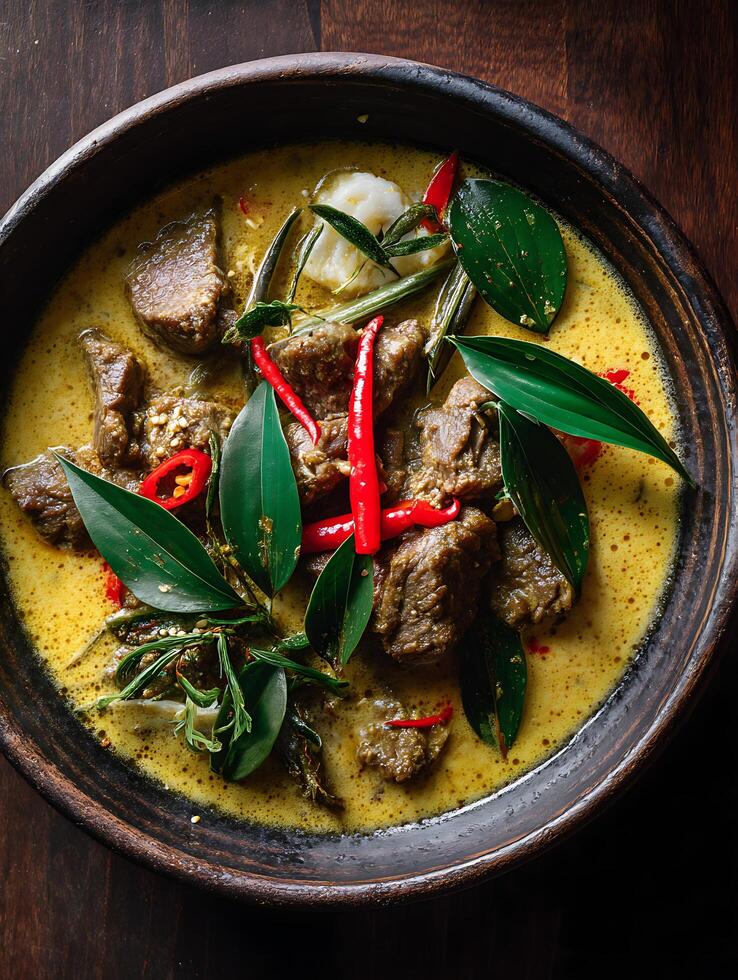 Aromatic Lamb Massaman Curry in a Rustic Bowl Close up of a flavorful Thai dish. photo