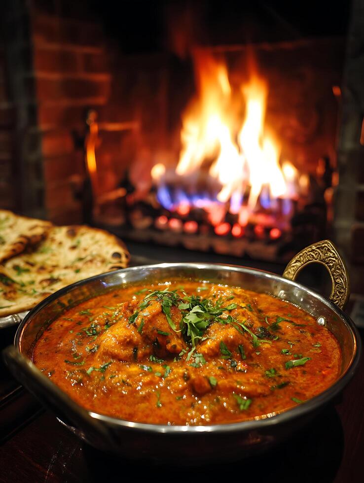 Chicken Tikka Masala Dish Served by a Fireplace. A close up view of a delicious Indian curry. photo