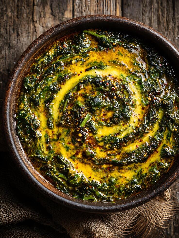 Close up of a delicious spinach dish with a creamy yellow sauce in a rustic bowl. photo