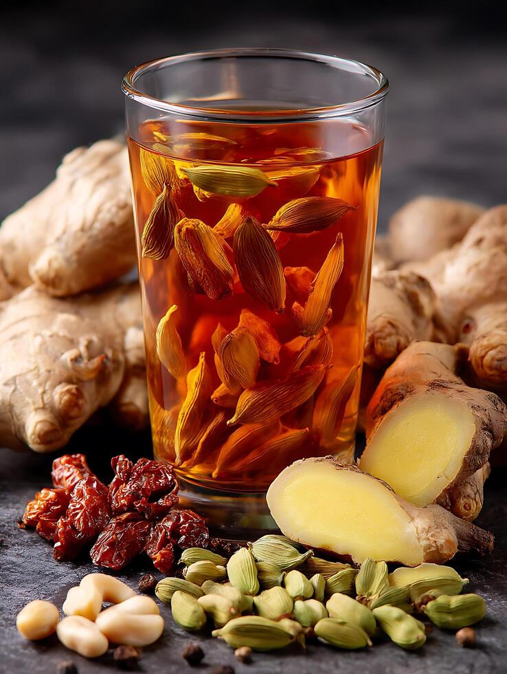 Aromatic Ginger and Cardamom Tea A Close Up of Ingredients and Brew. photo