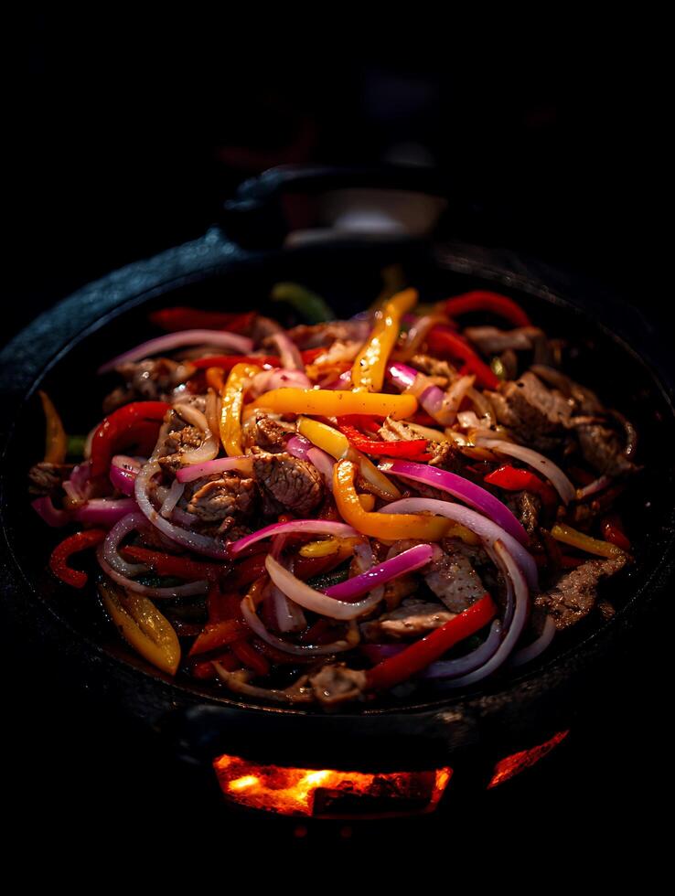 Close up of sizzling fajitas cooking in a cast iron skillet over an open flame. photo